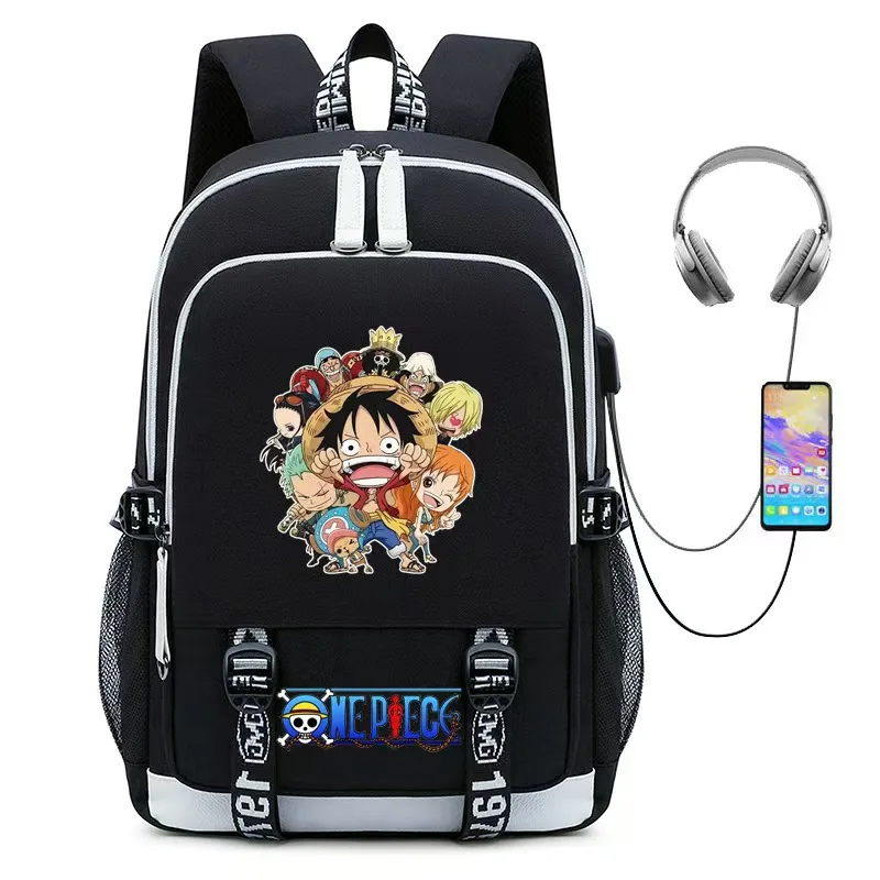 Anime 'One Piece' backpack, suitable for boys and girls, large-capacity school bag, with USB charging port.