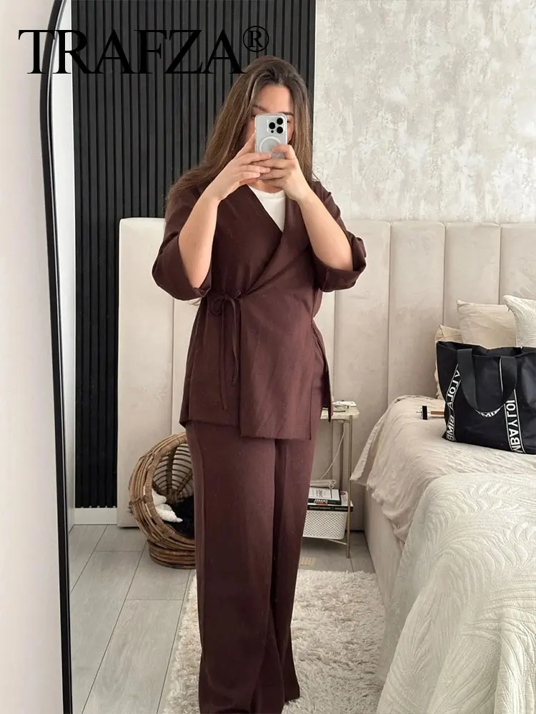 TRAFZA Women Solid Pajama Style Blouse Pant Sets Long Sleeve Lace Up Shirt Drawstring Trousers Loose Casual Office Lady Suit