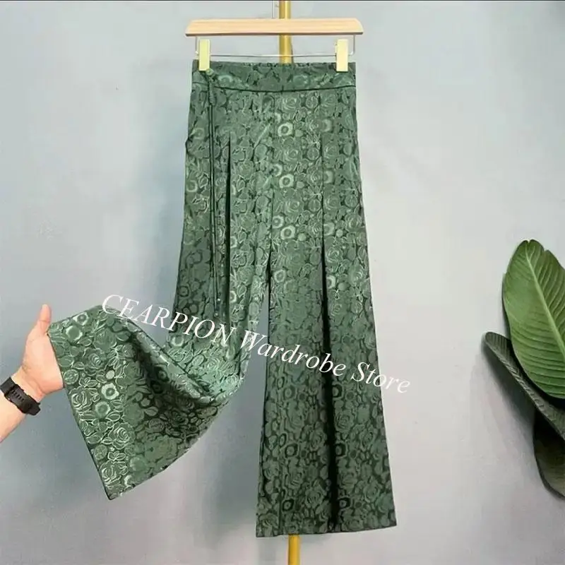 

Chinese Style Floral Jacquard Weave Trousers Stylish Wide Leg Female Clothing Casual Elastic Vintage Accessories Pockets Pants