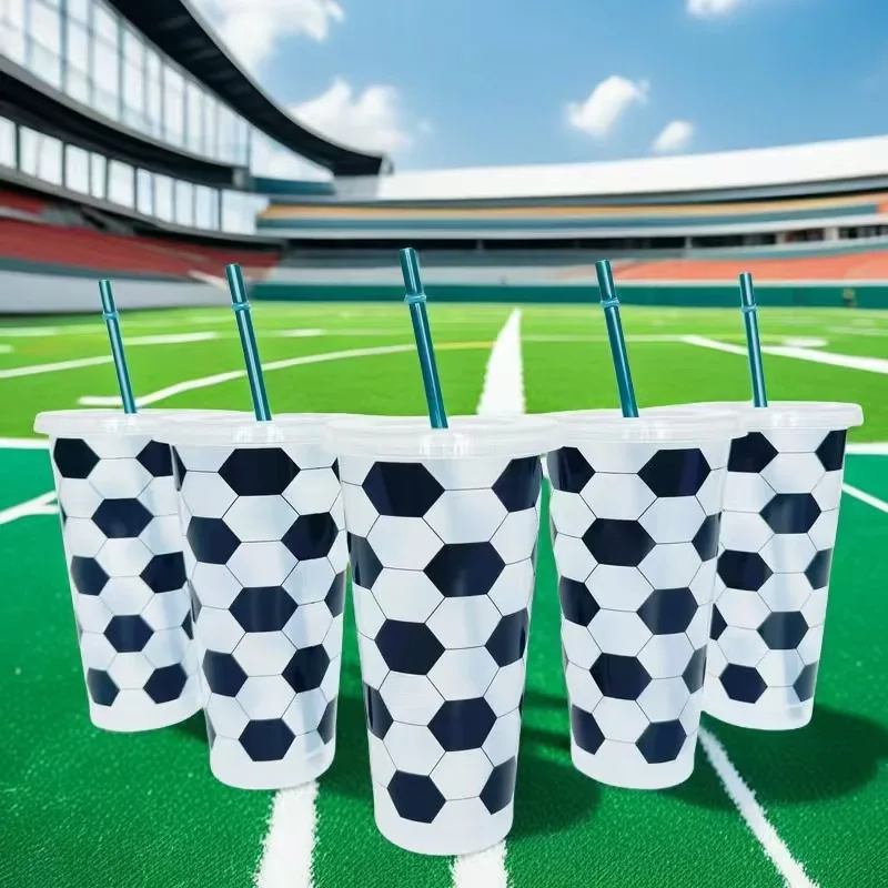 

Cute Soccer Ball Plastic Cup With Straw Lid For World Cup 24oz Coffee Juice Water Bottle Portable Drink Bottle BPA Free1/5/pcs