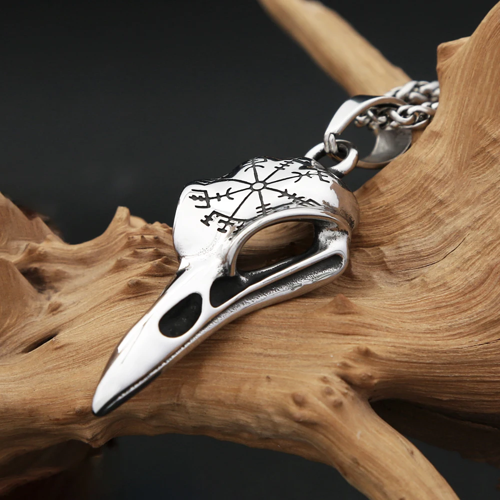 Vintage Fashion Vikings Compass Crow Head Pendant Necklace For Men Stainless Steel Nordic Animal Skull Necklaces Biker Jewelry