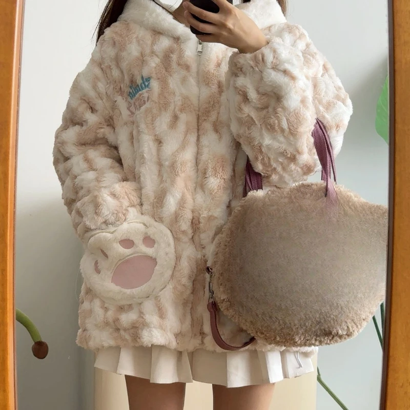 Kawaii Fluffy Tie-dye Coat Y2k Women Aesthetic Fairy Grunge Letter Embroidery Outwear Warm Ber Ear Rabbit's Ears Hooded Jackets