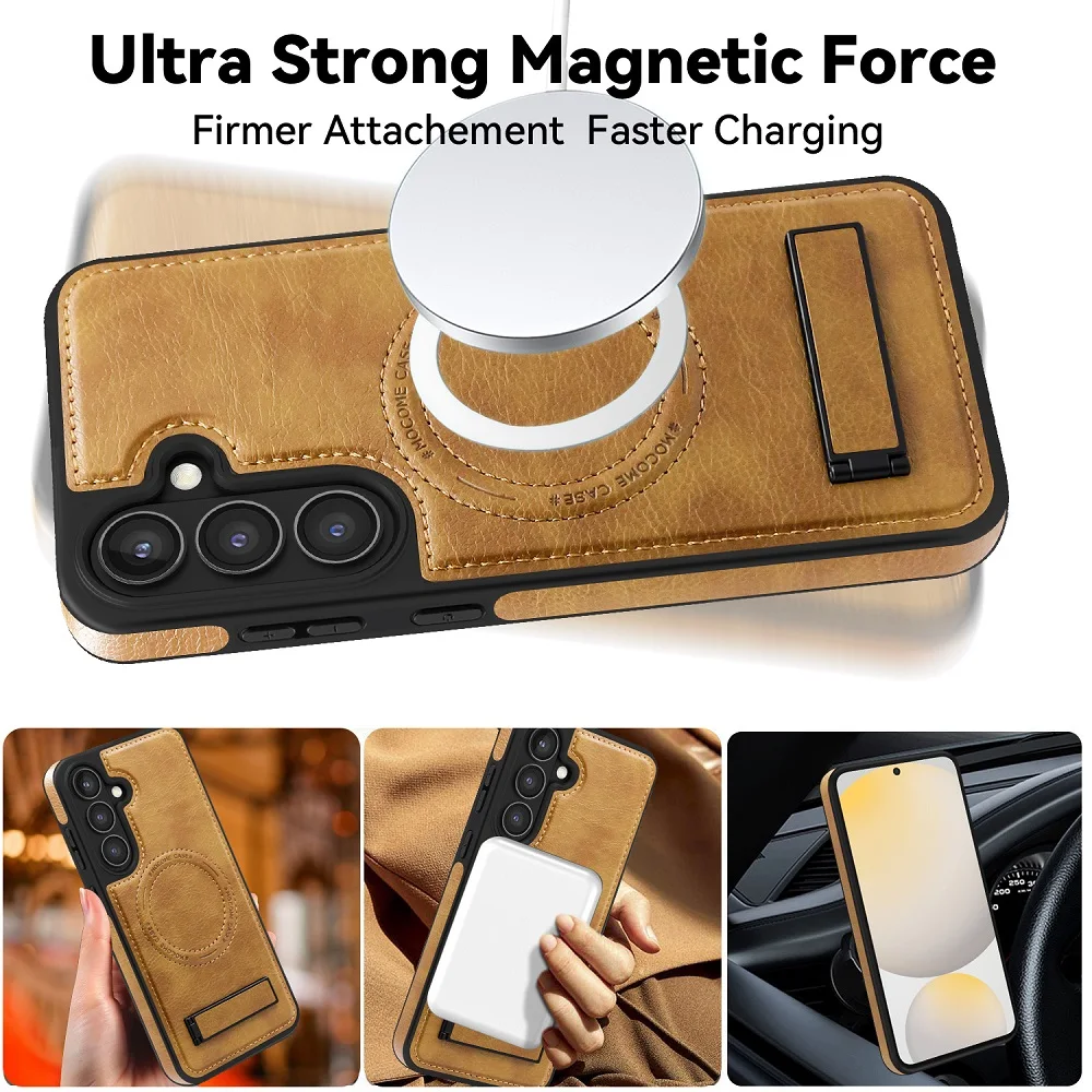 

For Samsung Galaxy S24 Fe Case 2024 Magnetic Leather Kickstand Back Cover Compatible With Magsafe Protection Shockproof Coque