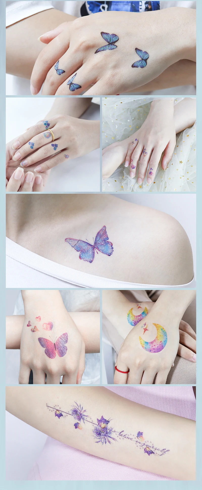 Fee Schmetterlingsflügel glänzende Tattoo Aufkleber wasserdicht Augen Gesicht Hand Körperkunst gefälschte Tattoos für Frauen Make-up Tanz Musik Festival – Detail 12