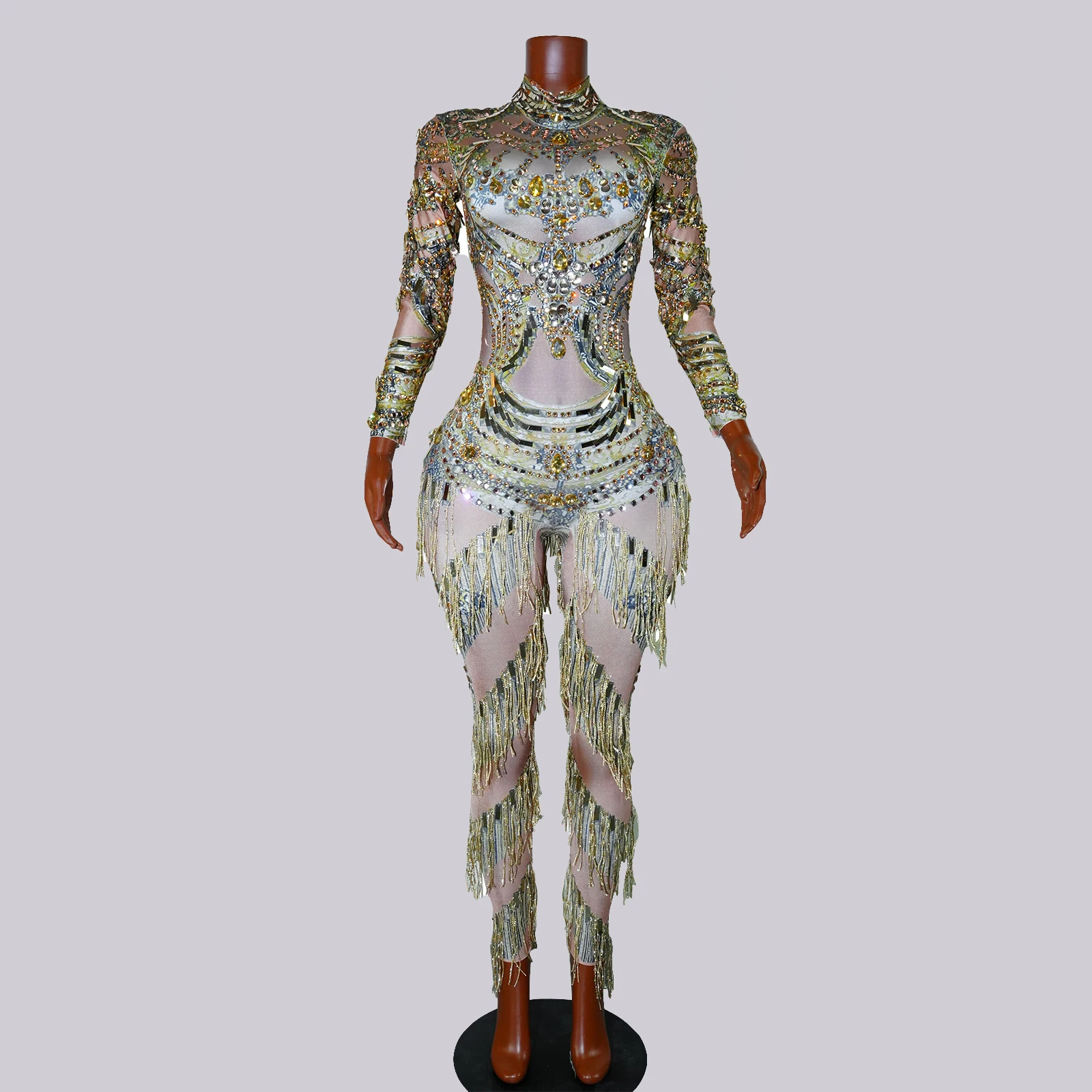 Full Gold Rhinestones Jumpsuits Sexy Printed Tassels Drag Queen Costume Dance Show Women Wear Singer Birthday Performace Outfit