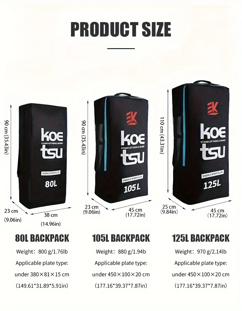 KOETSU 80L/105L/125L Paddelrucksack mit großem Fassungsvermögen, aufblasbare Paddeltasche, tragbare Aufbewahrungstasche für Outdoor-Surfen – Detail 2