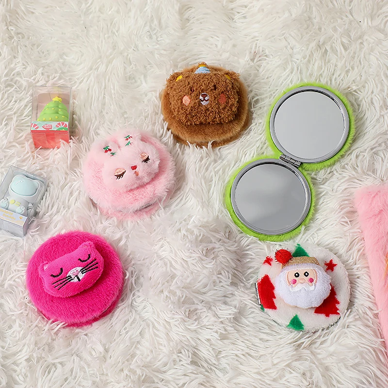 Cute Plush Mini Mirror For Girls Portable Foldable Travel Compact Pocket Make Up Round Mirror Women Student Dressing Tool