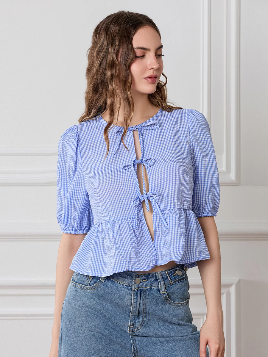 Camicia da donna con stampa scozzese Y2k chiusura con allacciatura a fiocco maniche corte girocollo top larghi e fioriti