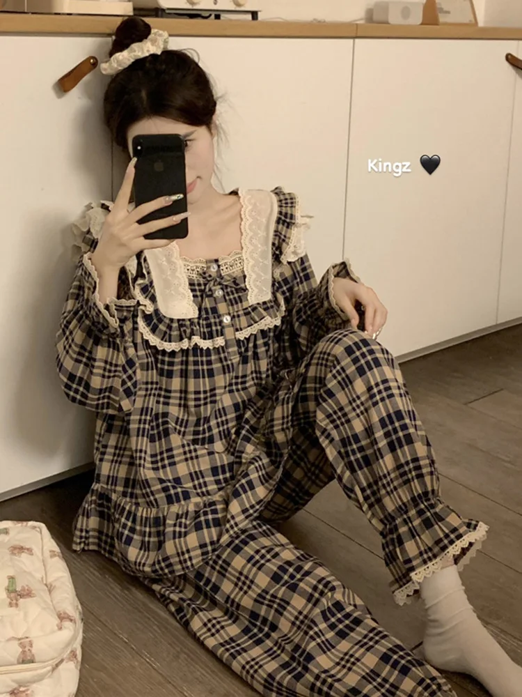 Lace New Home Soft Loose Plaid British style Sweet Long Sleeve Pajama Set Women Girlish Princess Spring Elegant Casual Sleepwear