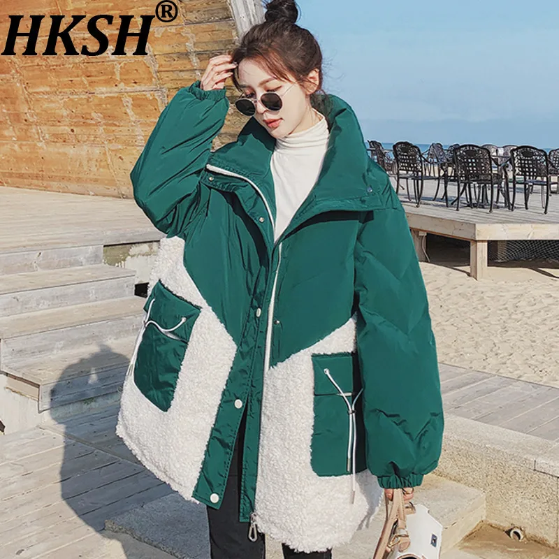 HKSH 2025 Winter New Women's Cotton-Padded Coat Stand Collar Zipper Patchwork Color Block Elegant Ins Warm Wadded Jacket HK14694