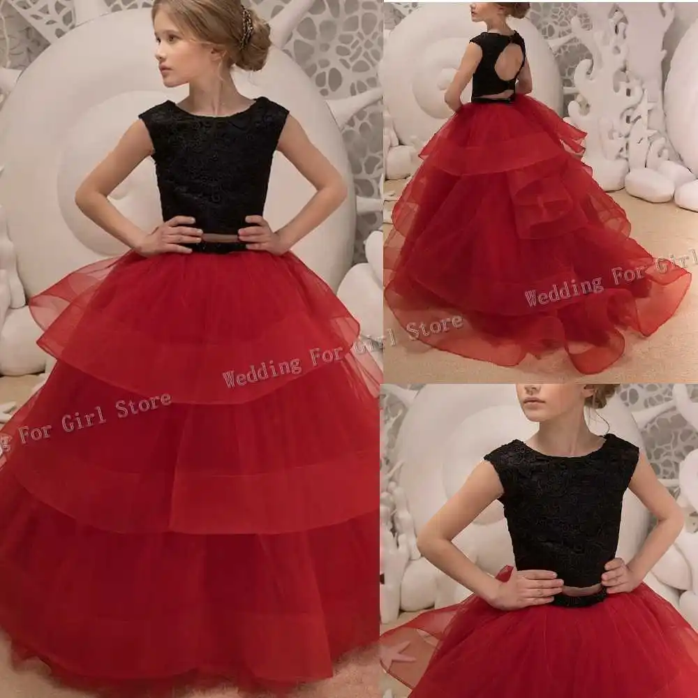 Black and Red Two Pieces Lace Tulle Formal Flower Girl Dress for Special Occasion Bridesmaid Party Wedding Pageant Photoshoot