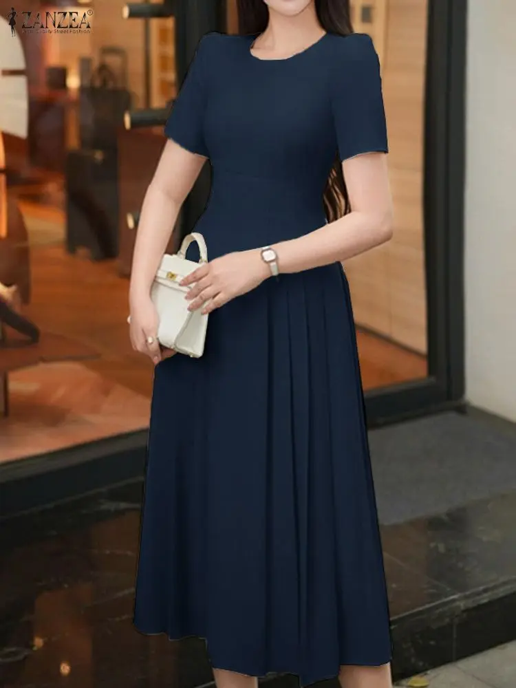 ZANZEA Vintage Long Shirt Dress Women Summer Short Sleeve Solid Midi Vestidos 2025 Fashion OL Casual Loose Pleated Party Robe