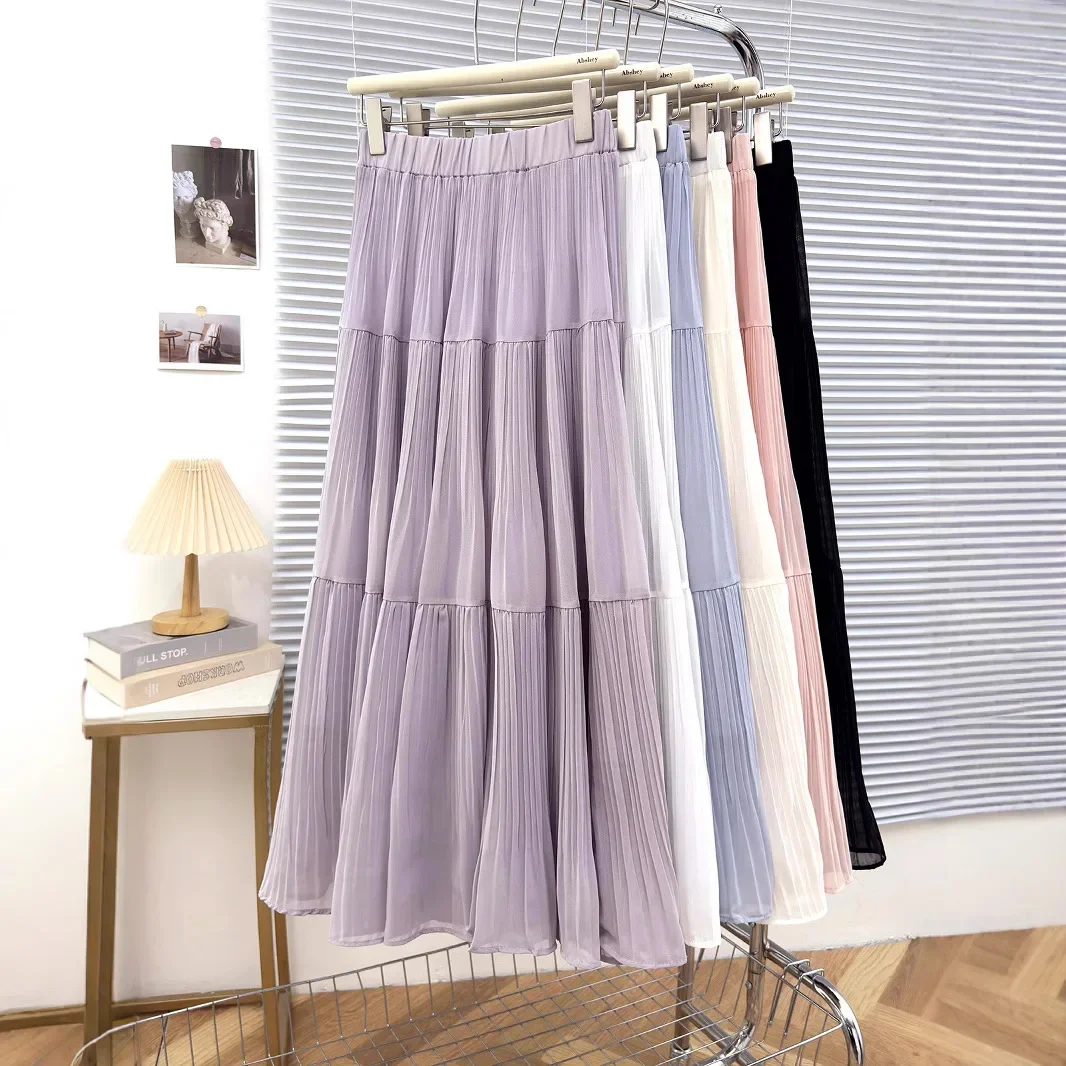 新しいシフォンスイングスカート春夏Aラインスカート女性服ソリッド弾性ウエストルーズプリーツケーキスカート