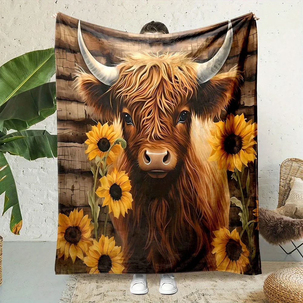 Decorative Throw Blanket Highland Cow Sunflower Farmhouse Art Cozy Plush Fleece Throw for Sofa Bedroom Decor Autumn Gift