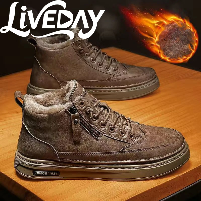 

LiveDay Winter Casual fleece boots men's high-top Comfortable trend versatile leather Comfortable platform thermal cotton shoes