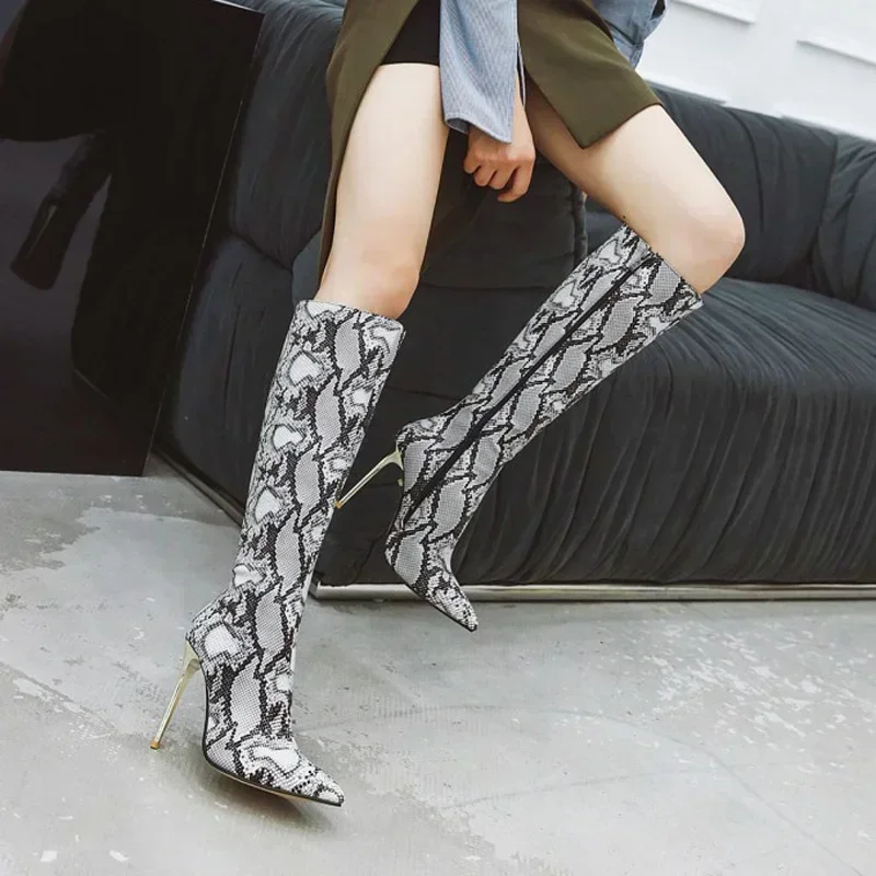 Leather Cowboy Women Shoes High Heels Autumn Winter Knee High Boots Women Snakeskin Leopard Long Boots Sexy Shoes Woman