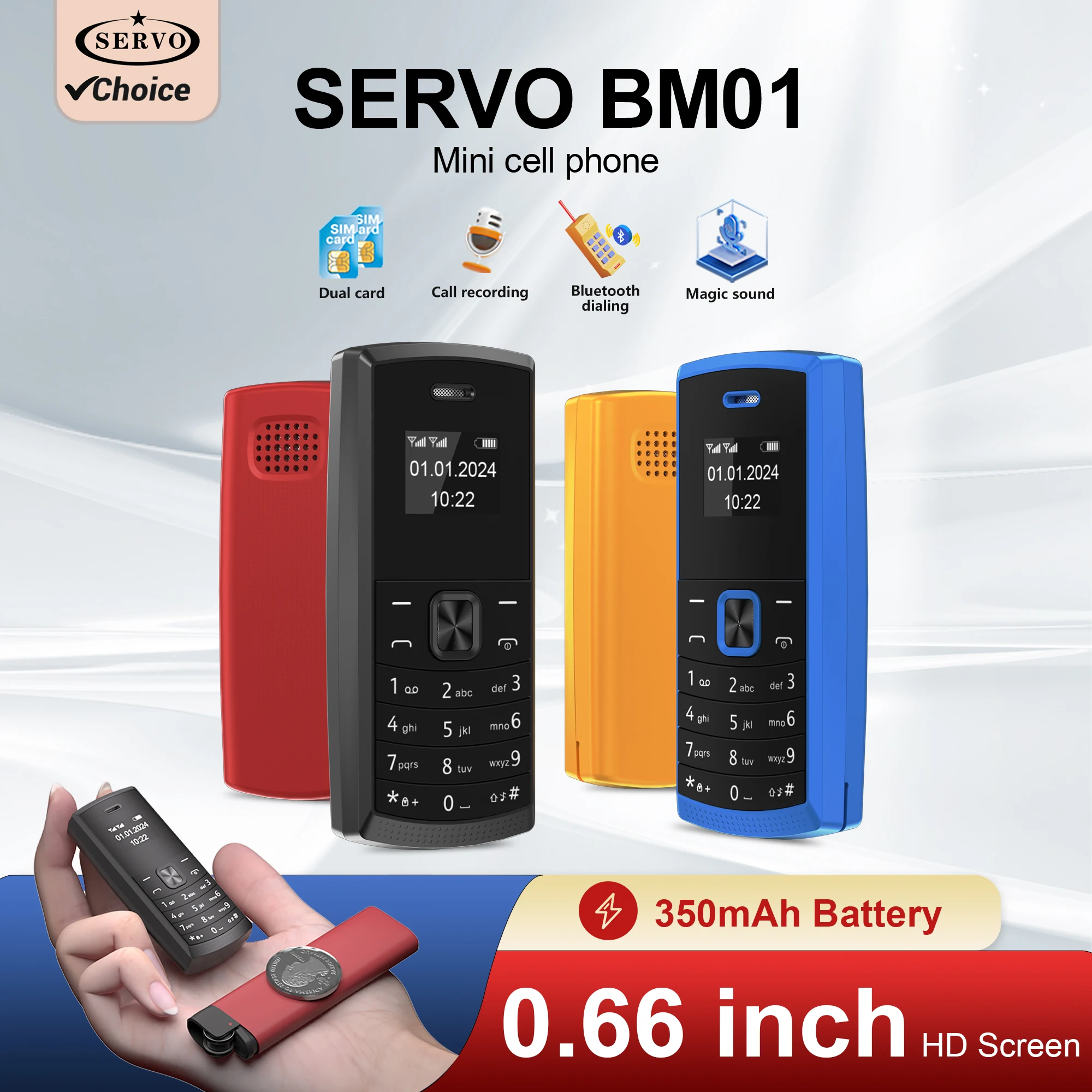 سيرفو BM01 ثنائي الشريحة المزدوج الاستعداد هاتف محمول صغير بلوتوث الطلب ماجيك صوت سرعة الطلب القائمة السوداء تسجيل المكالمات 2G الهاتف المحمول