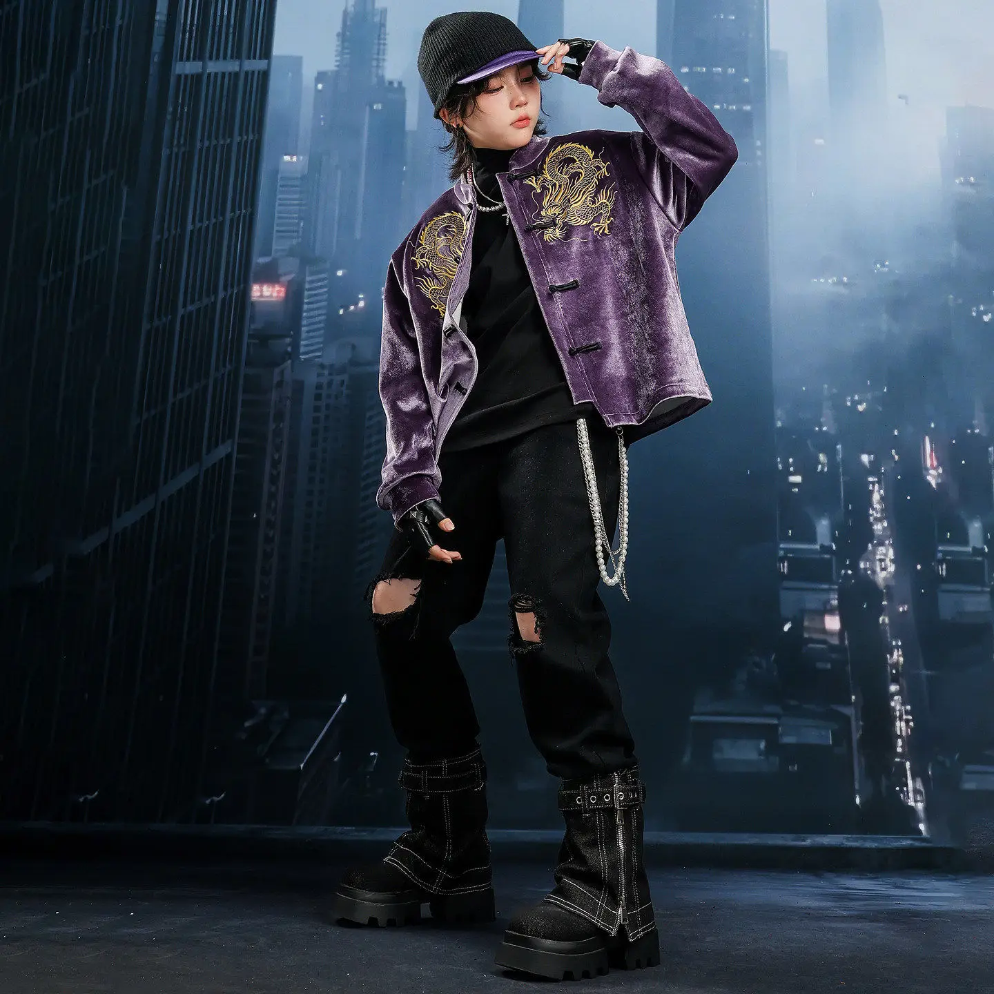Children Boy Girl Streetwear Hip Hop Loose Performance Velvet Embroidery Jacket Jeans Pant Sets Kids Coat Trouser Stage Clothes