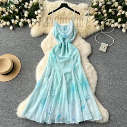 Elegant Swinging collar ruffle chiffon Sleeveless Slip Dress Vintage Slim summer sweet backless mermaid dresses