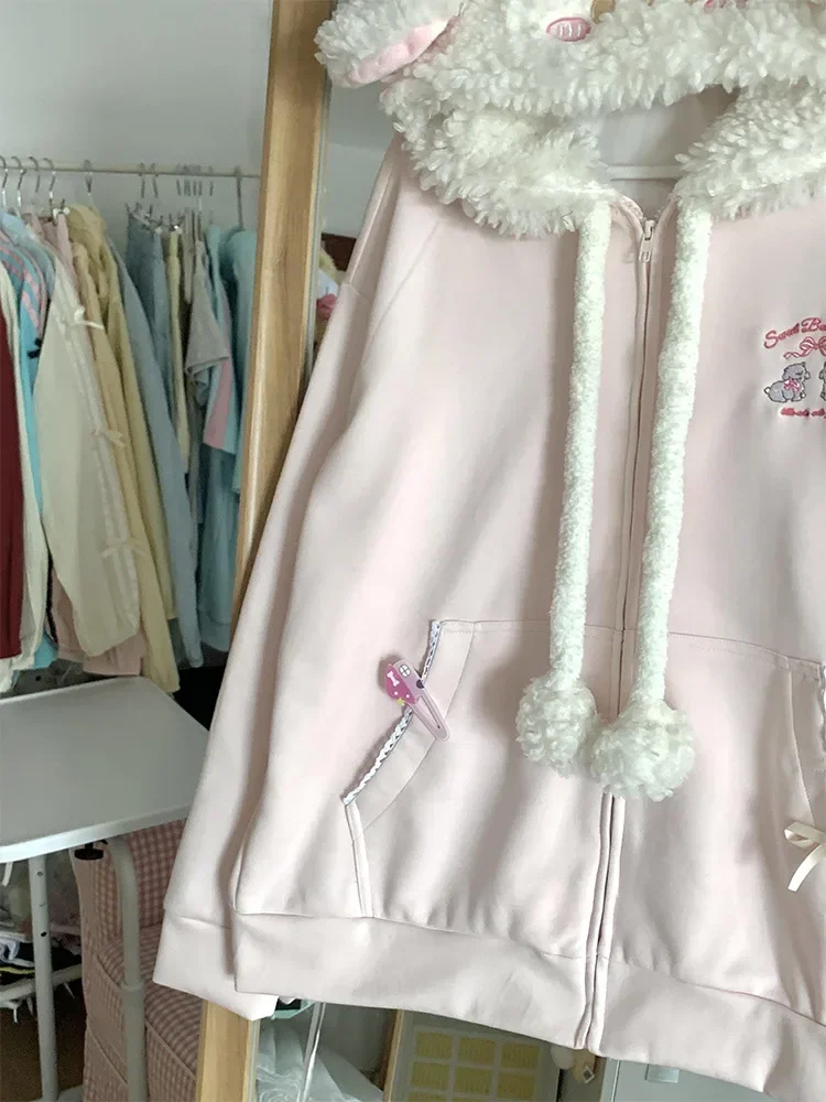 Harajuku الحلو Kawaii معطف فضفاض كم طويل مع مقنع المرأة اليابانية لطيف سستة بلوزات عادية Y2k سترة معطف أنيق