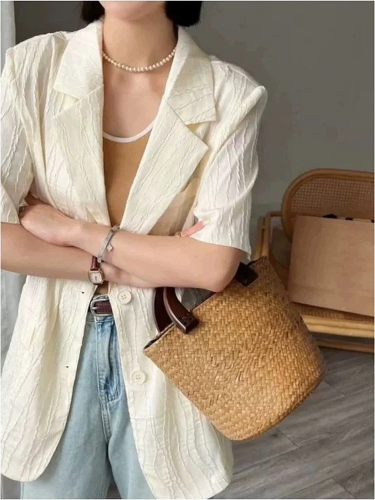 

plus Size Women's Casual Loose ort Sve Suit Jaet Thin Summer Top Faionable Flat Button Classic Color