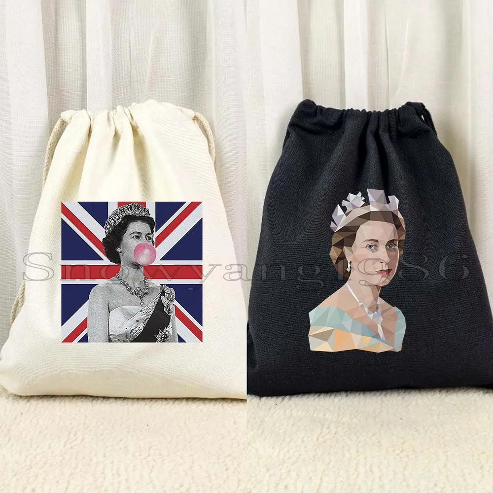 Queen Elizabeth II Portrait Gifts England Flag British Canvas Drawstring Bag Backpack Gym Sacks Canvas Sport Pack for Men Women