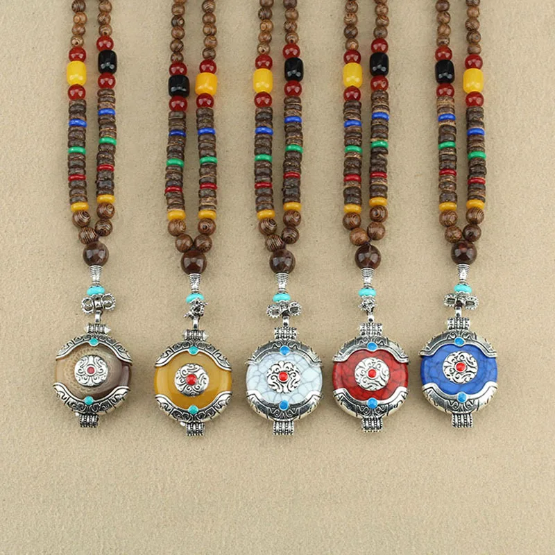 Factory Store Ethnic Style Bohemian Tibetan Ping An Fu Necklace Men's and Women's Versatile Wooden Long Sweater Chain Accessorie
