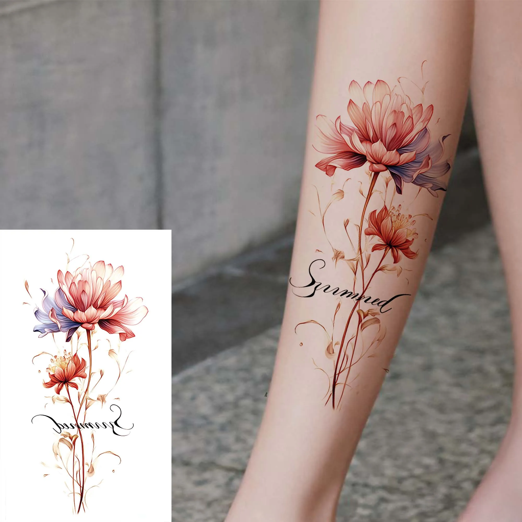 1 Sheet Watercolour Folwer Letter Temporary Tattoos For Women Adults Arm Forearm Leg Body Fake Tattoo Sticker Water Transfer