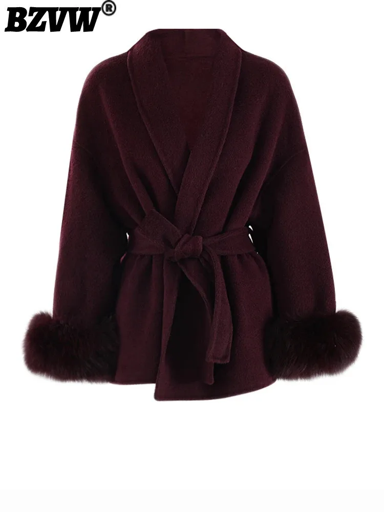 BZVW Wine Red Double Sided Woolen Coat Women's 2024 Trend New Lapel Belt Gathered Waist Fox Fur Splicing Jacket Female 25Z1754