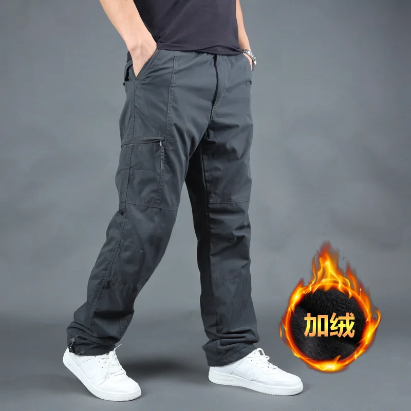 

Winter New Fashion Men’s Solid Color Simple Basic Casual Trendy Loose Straight Thicken Cargo Trousers Male Outdoor Clothes Pants