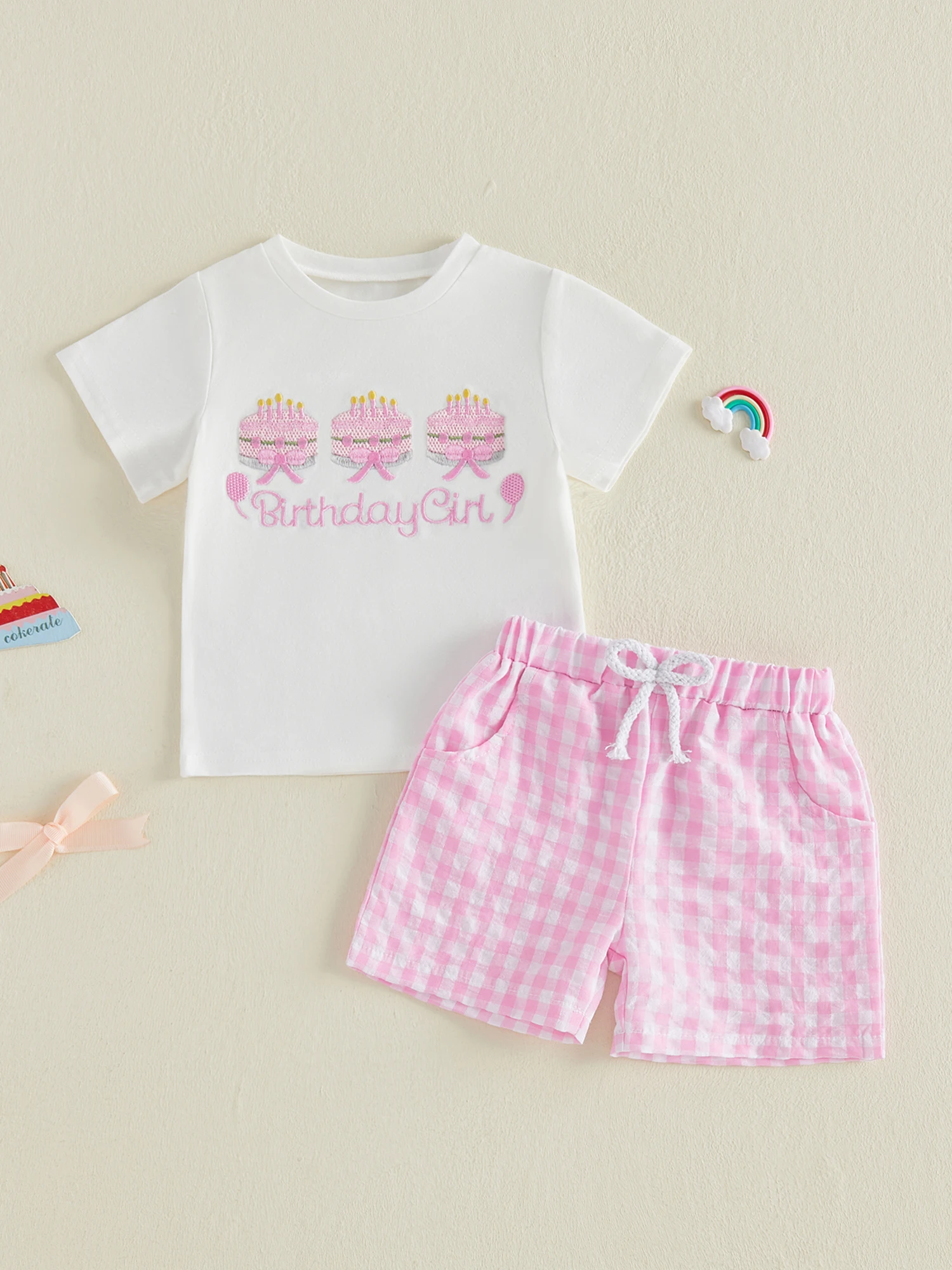 

Очаровательный комплект для девочек на день рождения: стильный топ с вышивкой в виде торта и клетчатые шорты, 2 предмета, для лета