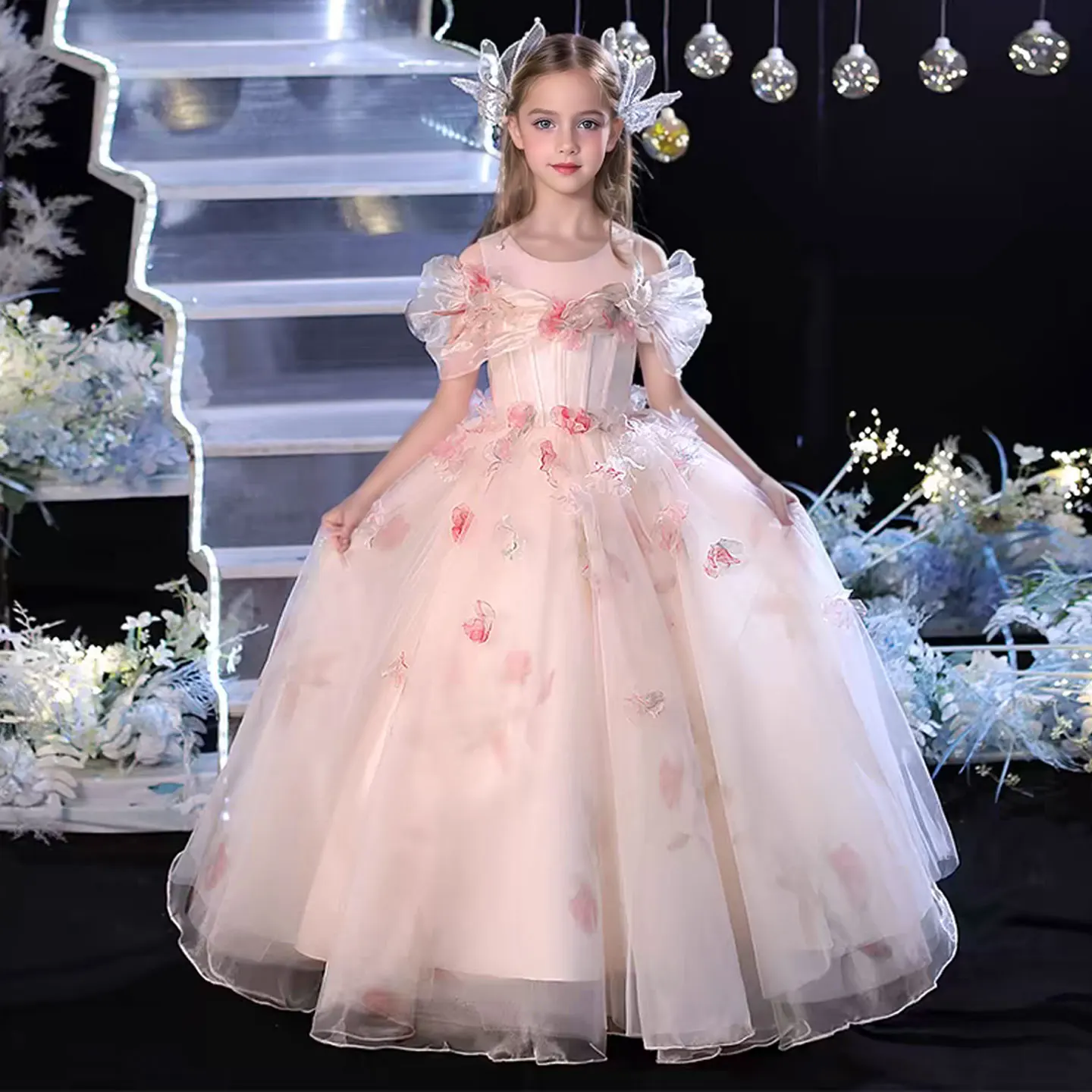 Jill Wish Elegant Pink Flower Girl Dress Arabic Princess Kids Wedding Birthday Party Pageant Gowns vestidos de novia J354