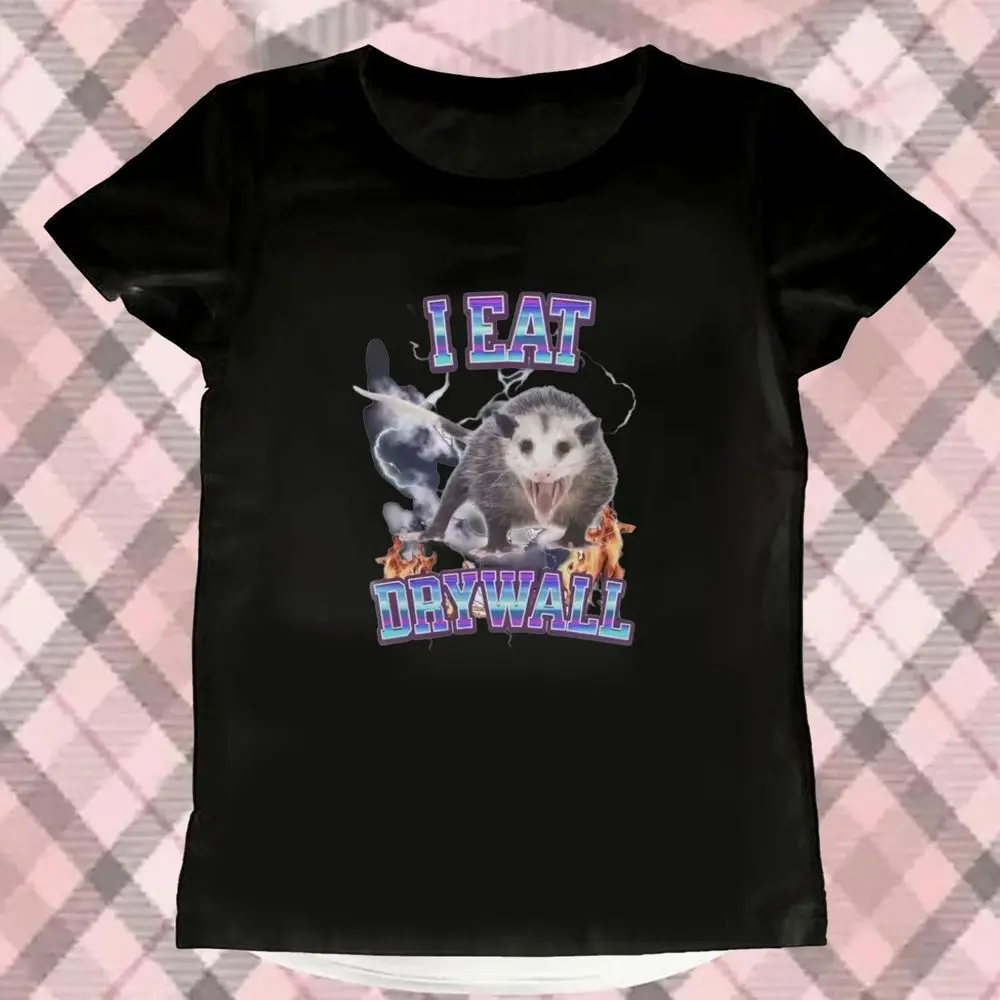 Funny Opossum I Eat Drywall Graphic T-Shirt Women Summer Short Sleeve Meme Print Vintage Tee Female Casual Fashion Oversized Top