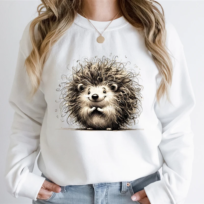 Women's Clothing Cute Hedgehog Print Casual Hoodies Round Neck Funny Chicken Cartoon Sweatshirt Unisex Animals LoversSweatshirts