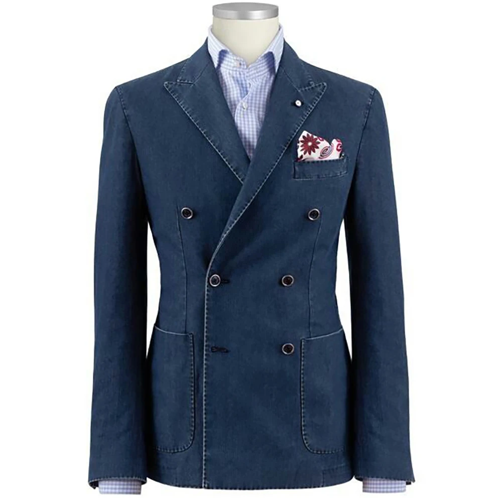 

Двубортный джинсовый пиджак темно-синего цвета с острыми лацканами, мужской, повседневный, элегантный, 1 предмет, для ежедневного образа, классический крой, базовый элемент гардероба