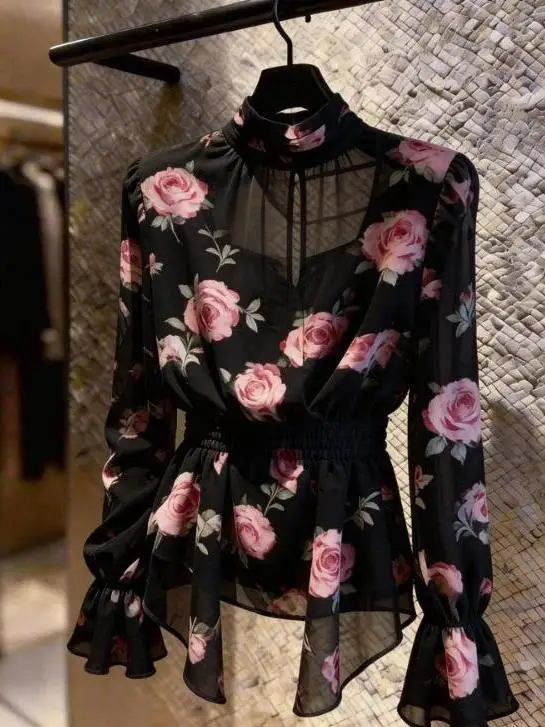 Elegant Black Floral Long Sleeve Women's Summer New Thin High-End Sun Protection Shirt Stylish Top Polyester Fiber Casual Wear