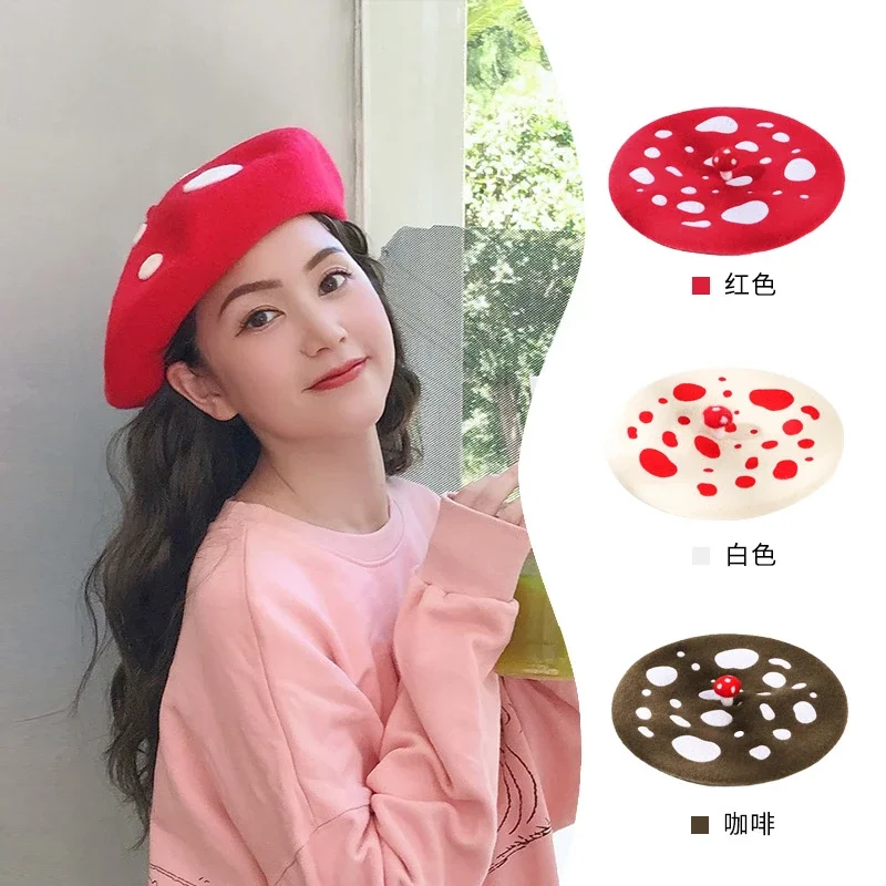 Wool Beret Delicate High-end Cartoon Embroidery Painter Hat Women's Literary Big Head Mushroom Hat Winter Hat