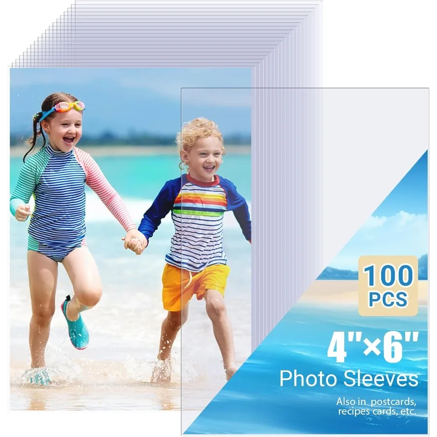 Fundas para fotos de 4x6, paquete de 100 hojas de carga superior, protector de archivo, funda para sesión fotográfica de plástico segura e impermeable, fundas suaves y transparentes