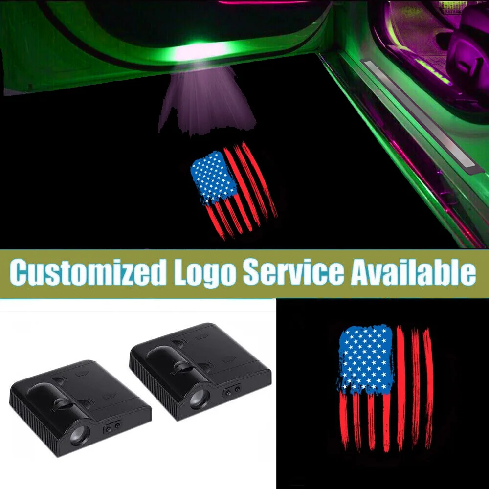 2 Projetores de Luz LED Sem Fio com Sensor Infravermelho para Porta de Carro, com Logotipo Vertical da Bandeira Americana (EUA), Luzes de Boas-Vindas com Efeito de Sombra a Laser, Universal