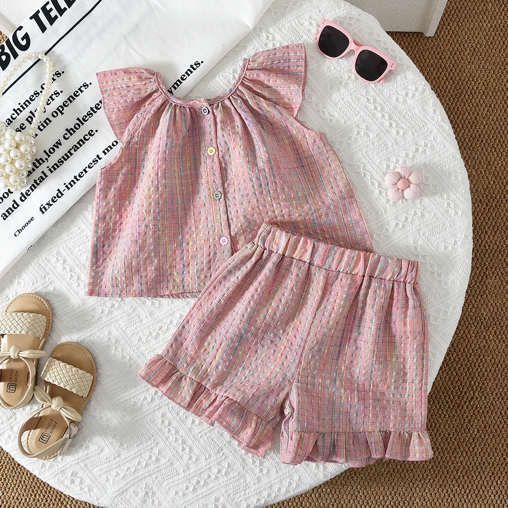 Bär Führer Koreanische Version Blumen Plaid Print Fly Sleeve Shirt Tops + Shorts 2Pcs Casual Kinder Kleidung1-5 jahre Sommer Mädchen Anzug – Detail 8