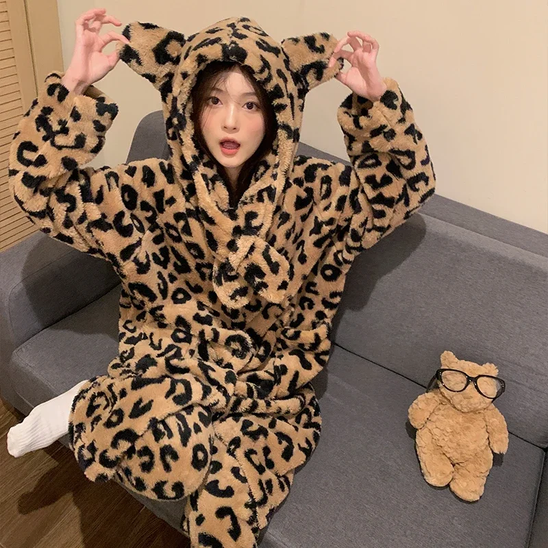 New Style Cartoon Bear Women Pajamas Adult Sleepwear Winter Thicken Night-robe Coral Velvet Leopard Pijama Soft Warm Loungewear