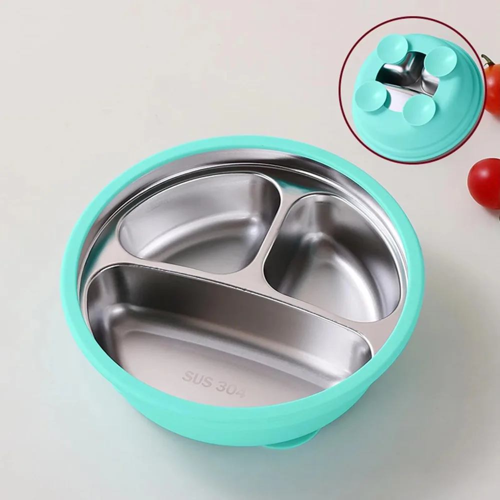 Ventosa in silicone Piatto da pranzo con ventosa per bambini Design diviso Isolamento termico 3 griglie Piatti per bambini Anti-caduta antiscivolo