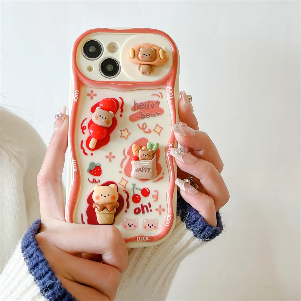 Korean Cute 3D Bear Pig Push-Pull Case for iPhone 15 13 14 Pro Max 14 15 Plus 11 Lovely Lens Protection Shockproof Wavy Cover