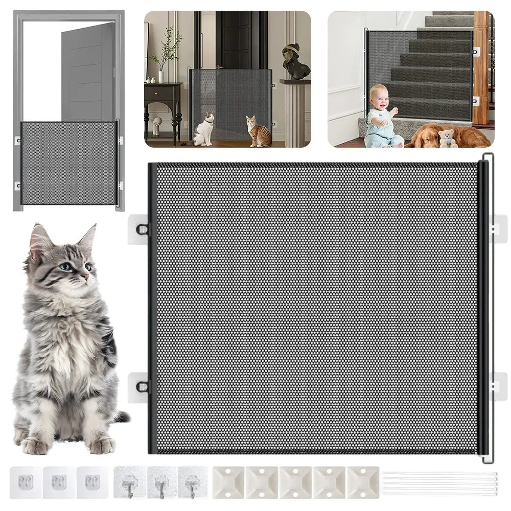 Barrière rétractable pour animaux de compagnie sans perçage (noire) 150x78cm, comprend 3 crochets, 3 autocollants de positionnement, 5 ancres au sol et 5 serre-câbles. Barrière réglable pour chien à domicile.
