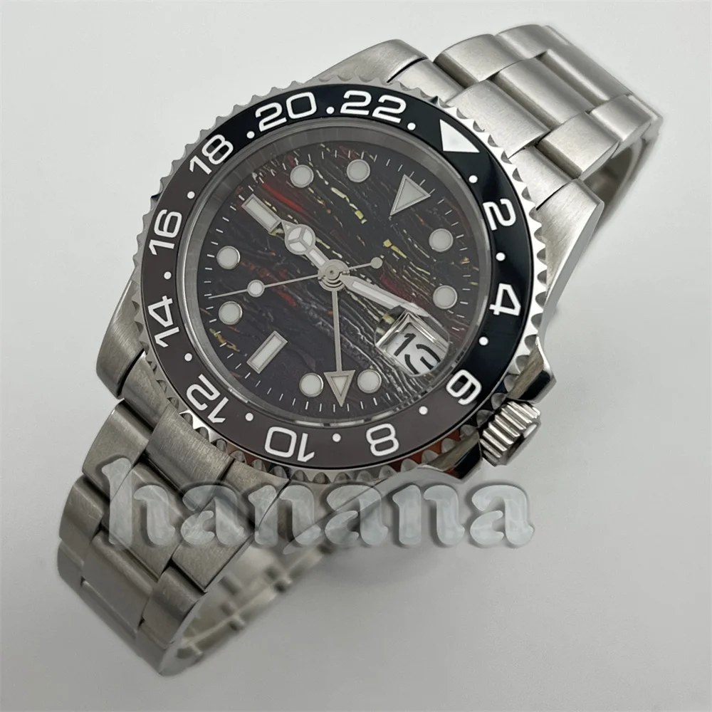 

Часы GMT NH34, 40 мм, мужские механические часы с текстурой тигрового глаза, черный и серый керамический безель, сапфировое стекло, 10 бар, зеленая люминесцентная подсветка.