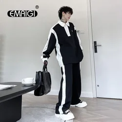 Men 2 Pieces Sets Polo Shirts Pants Black White Splice Stripe Sports Long Sleeve T-shirt Trousers Joggers Sweatpants Tracksuits