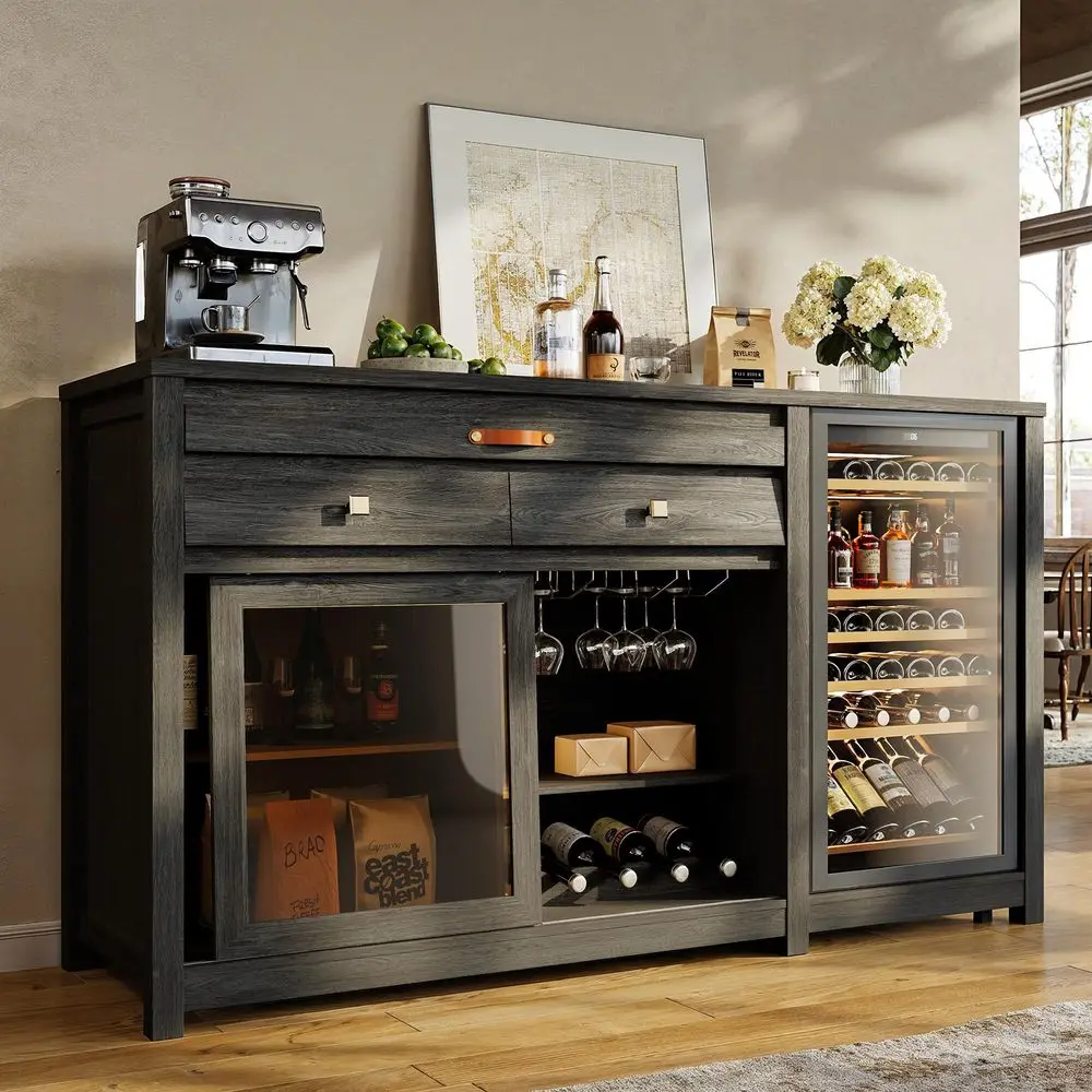 

Large Coffee Bar Cabinet w Fridge SpaceampPower Outlet,Lux MiniFridge Cabinet w 2Drawers,Wine Rack,Leather Handle,Adj.Shelves,B