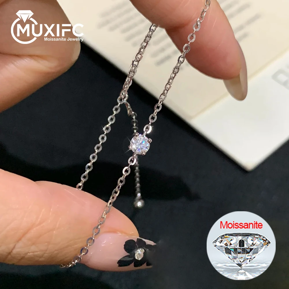 

MUXIFC Round Cut Moissanite Bracelets for Women S925 Sterling Silver 18K White Gold Plated Wrist Chain Adjustable Fine Jewelry