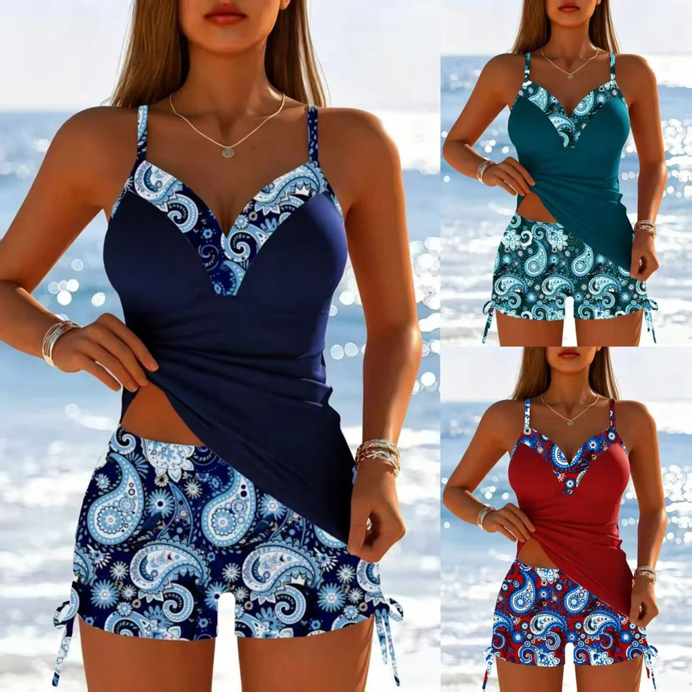 Women 2 Piece Tankini Swimsuit Paisley Print Patchwork Tank Top + Drawstring Boyshort Bathing Suit Tummy Control Modest Swimwear