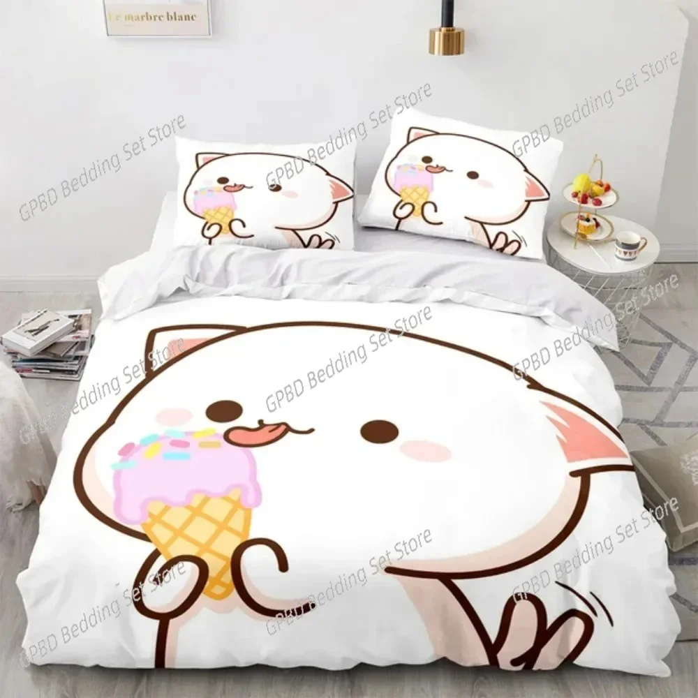 Cartoon Lovely Peach Cat 3D Bedding Set Duvet Cover Pillowcases Single Twin Full Queen King Size Home Decor Quilt Boys Gift